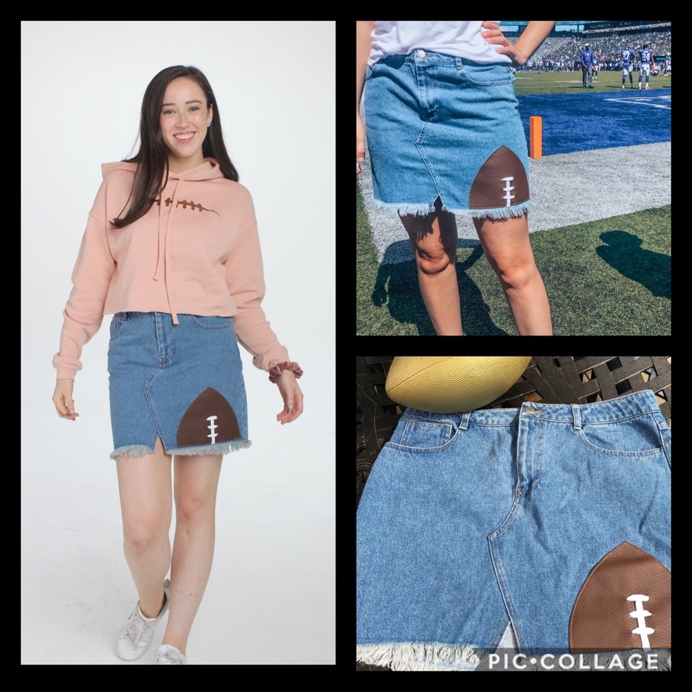 Denim Short Skirt With Embellishment Vegan Leather Football and Laces